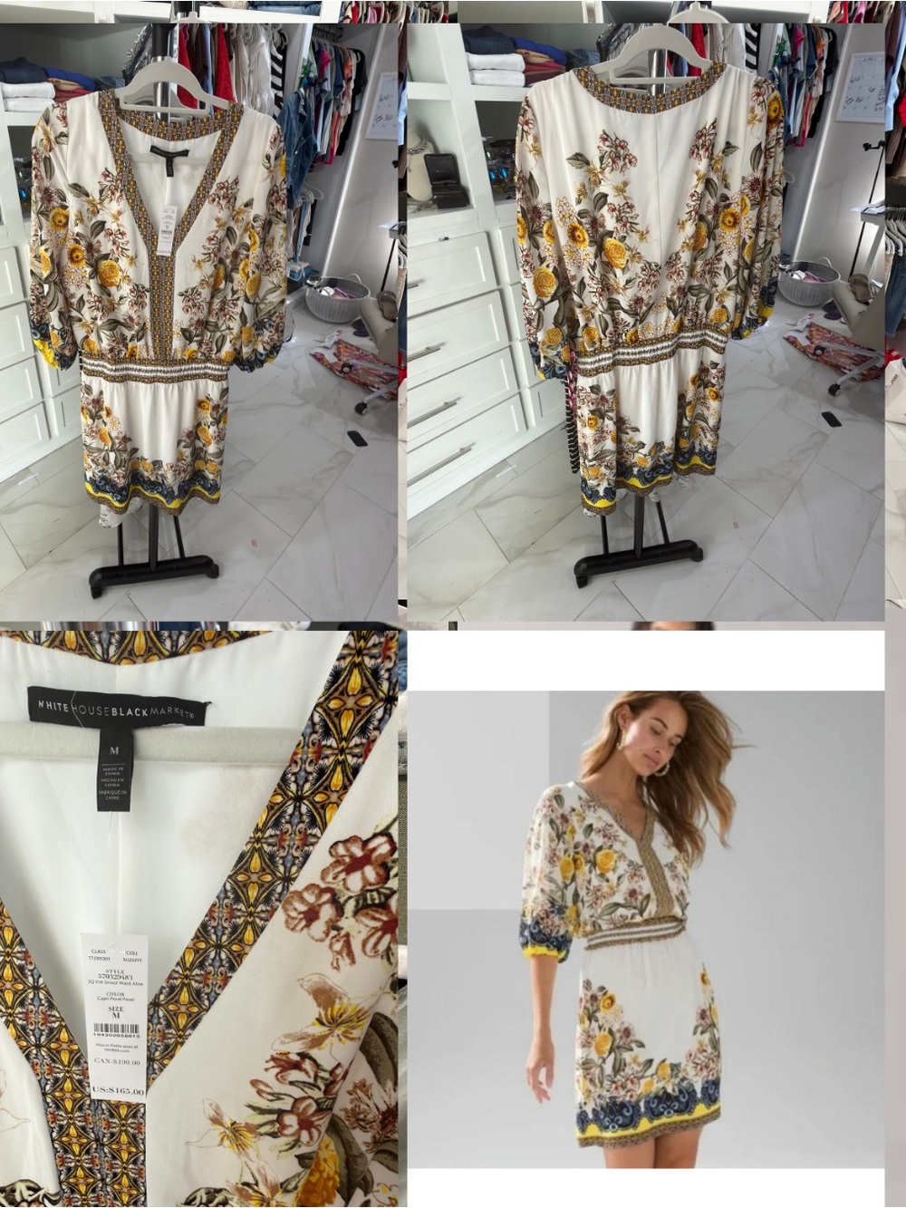 White House Black Market Cream Floral Border-Print Dress with Yellow Accents